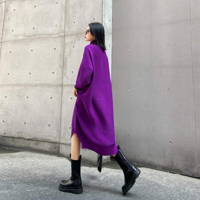 [EAM] Vestido largo de punto Irregular de talla grande para mujer, cuello alto, manga larga, suelto, tendencia de , primavera otoño 1DB512