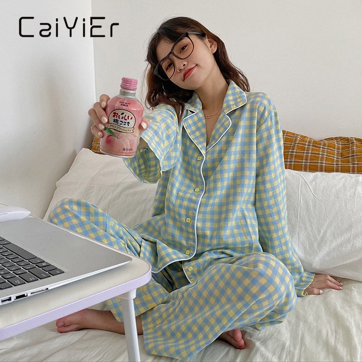 CAIYIER-Conjunto de pijama de rejilla verde para mujer, ropa de dormir holgada de estilo coreano, pantalón de cintura elástica, ropa de dormir para el hogar, primavera e invierno