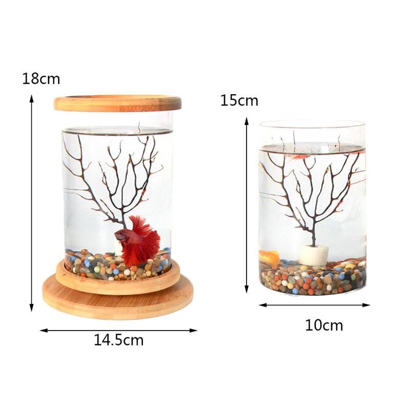 Small Office Glass Aquarium Bamboo Base Mini Fish Tank Fish Bowl Decoration O8Y0