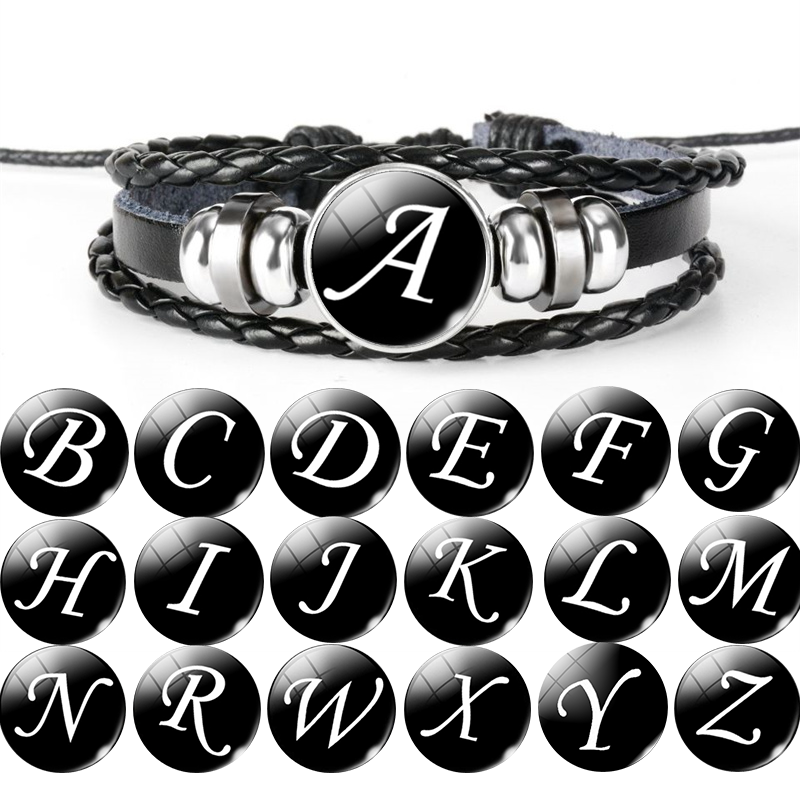 Pulsera de cuero con hebilla de cristal de 26 letras A-Z, nombre de identificación, amistad, pulsera tejida negra ajustable para niños y niñas como familiar