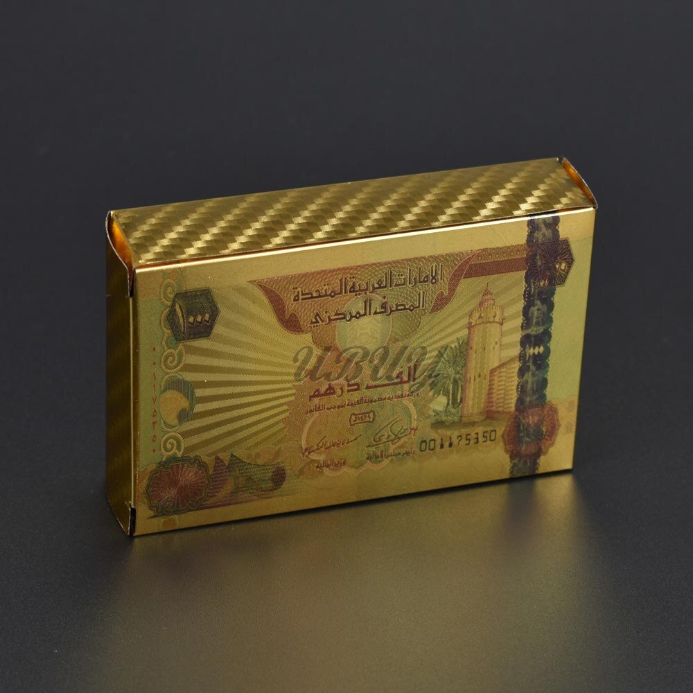 UBUY Souvenir Colorful printing Gold Foil 500 Dirhams Plastic Gold playing card For G: 1000DHS