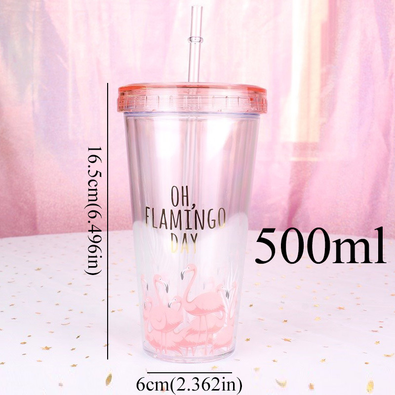 Flamingo plastik kopper med halm drinkware tegneserie drikke beholder dobbelt væg kaffe te mælk juice vand kop krus: Mange fugle
