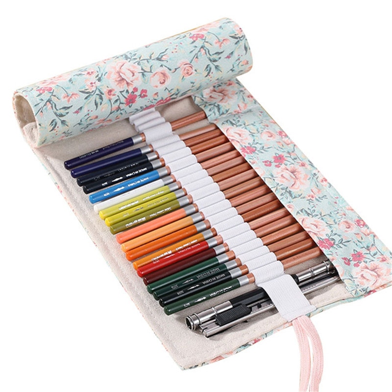 Kawaii Flower Pencil Case Canvas 12/24/36/48/72 Holes Roll School Penal Pencilcase for Girls Boys Cute Pen Case Stationery Pouch