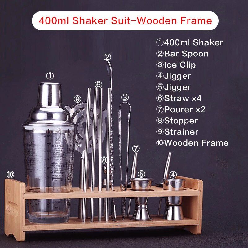 Bar Soul Cocktail Shaker Set Stainless Steel Bar Tools Bartender Tools Shaker Jigger Spoon Muddler Bartender Set: 400ml wooden