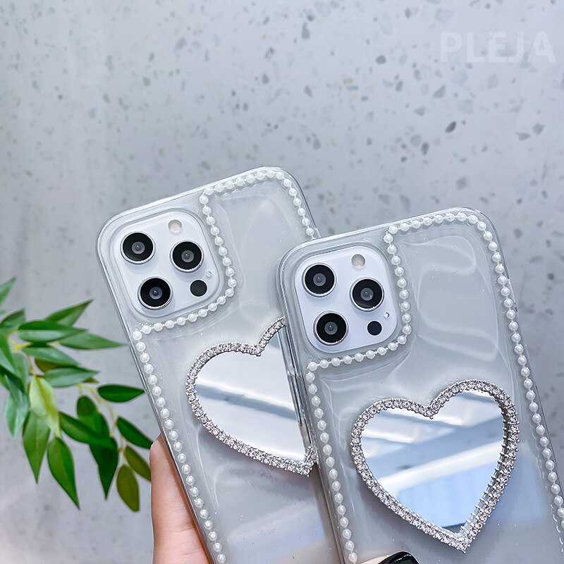 Rhinestone Love Mirror Glitter Cases For iphone 11 Pro Max 12 mini 7 8 plus X XR XS max SE Phone Case Cute Transparent Capa