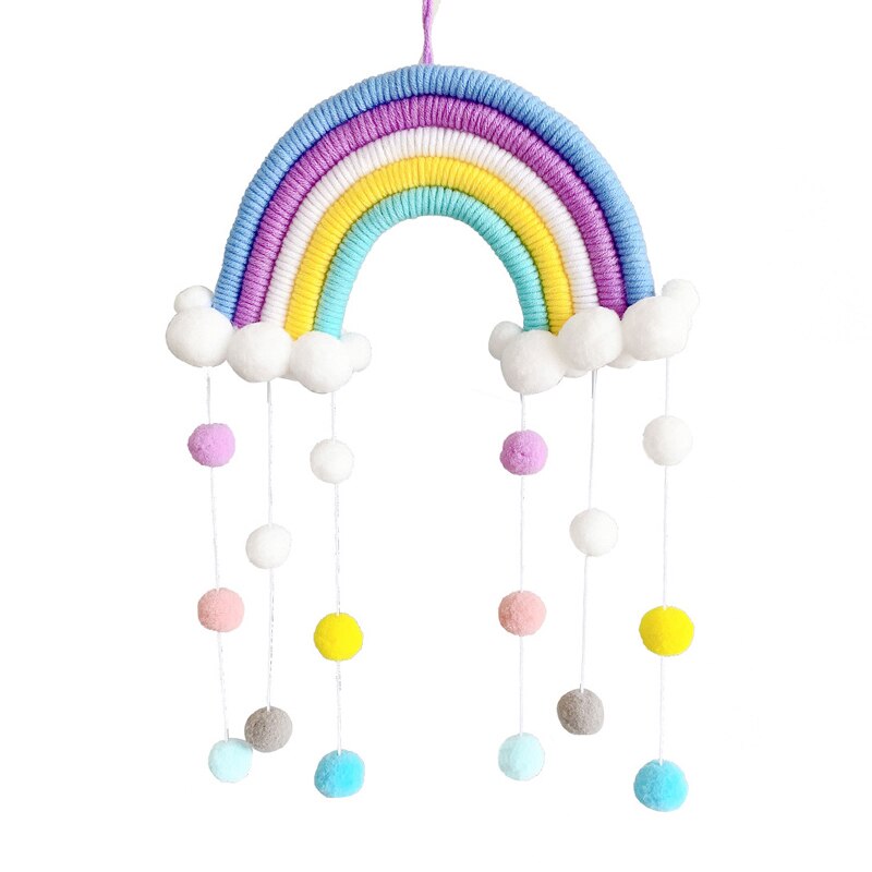 Färgglad regnbåge macrame vägghängande dekoration bomull tofs barnrum inredning boho barnkammare studenthem vävd pom pom boll prydnad: 04