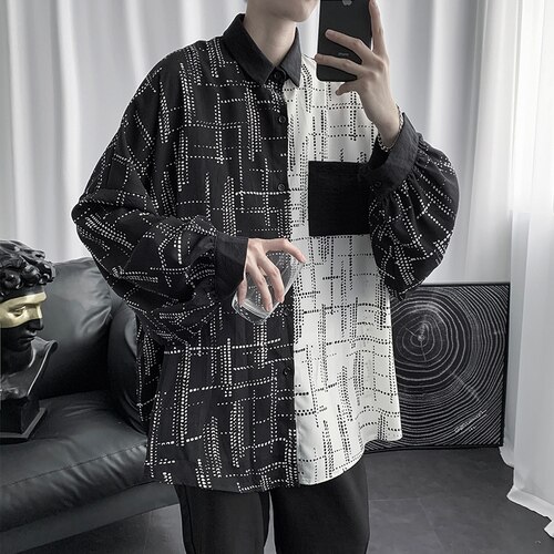 Skjorter mænd forår langærmet sort-hvid patchwork oversize vintage koreansk stil chic afslappet hip-hop løs skjorte streetwear: Xxl