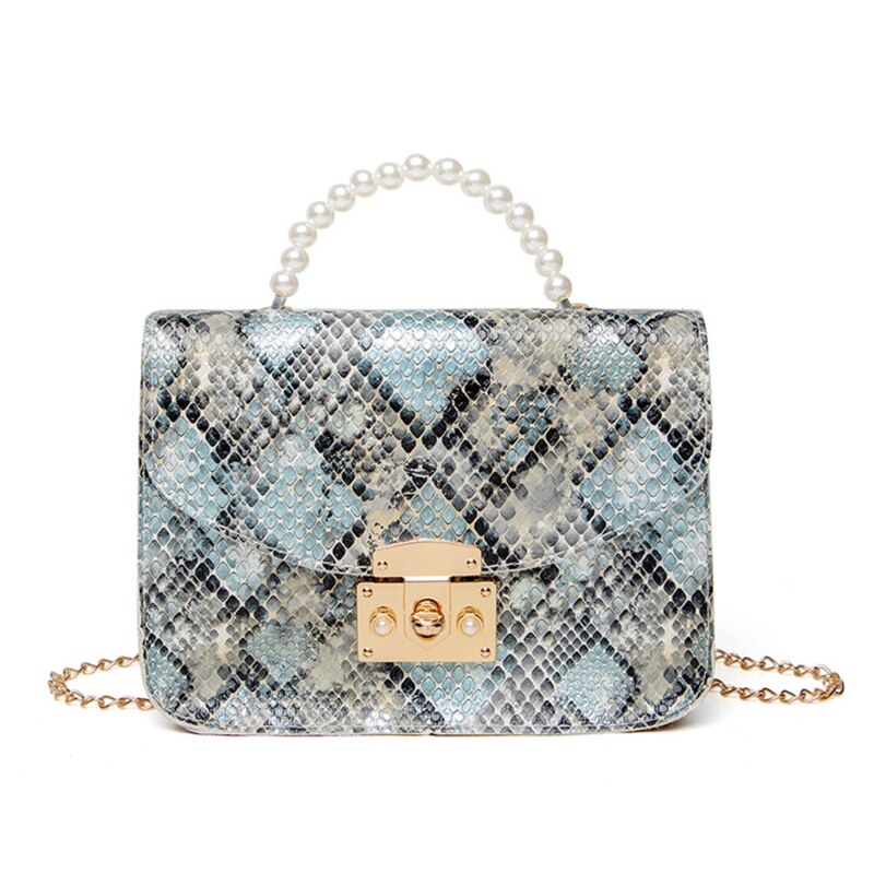 Pu-leder-schultertaschen für damen, schlangenleder-mini-geldbörse, retro-quadrattasche, ketten-umhängetasche, handtaschen mit perlengriff: Blau