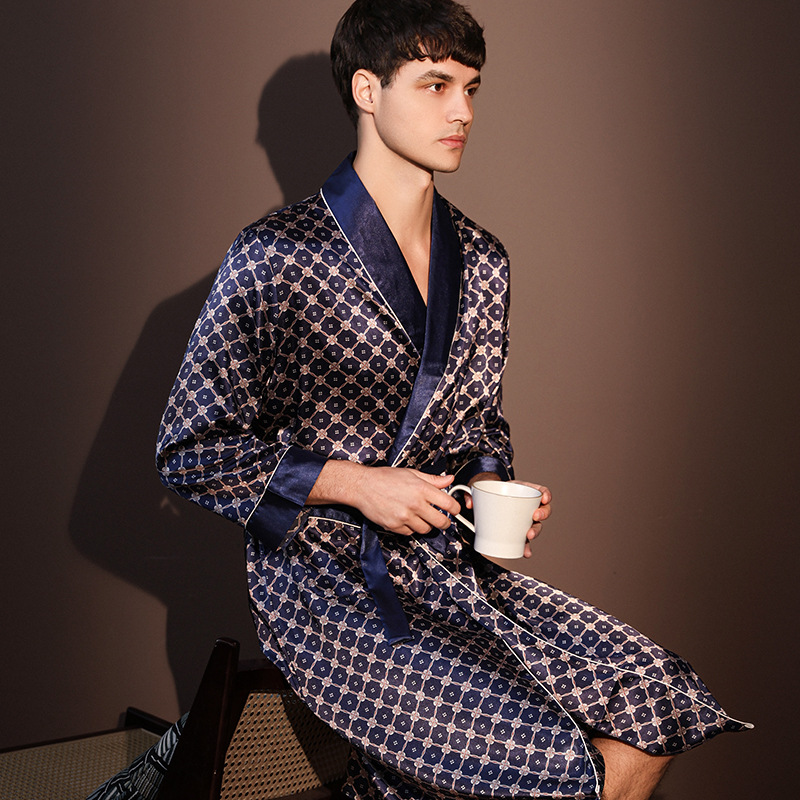 Nachthemden Männer Sommer Dünne Bademantel Große Größe Eis Seide Gedruckt Pyjama einteiliges Kleid Männlichen Loungewear herren Frühling: XL / Braun