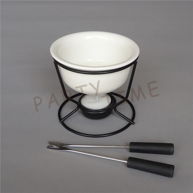 Keramisk vit chokladsmältpanna med metallställ för diy fondue