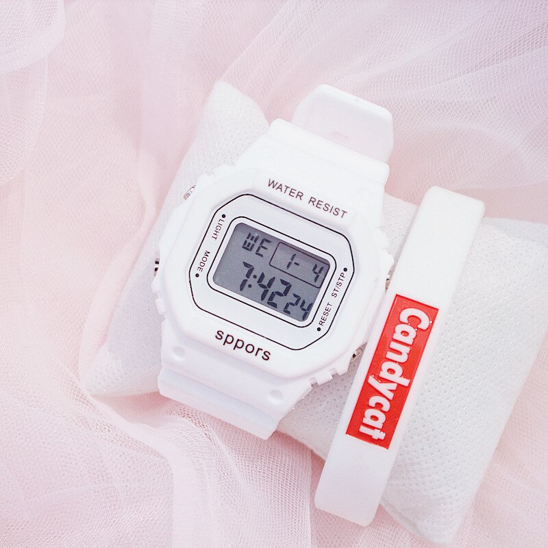 Women watches sport girl simple LED children student leisure silicone waterproof couple square lady quartz wristwatches: White