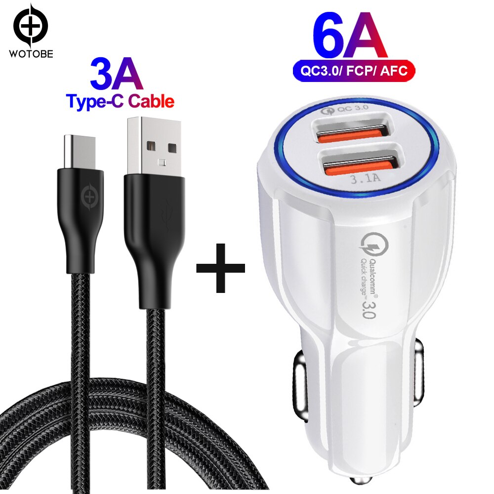 30W QC3.0 Autolader, snel Opladen 3.0 Mobiele Telefoon Oplader 2 Poort Voor Iphone/Ipad Samsung Huawei Xiaomi Rapid Auto En 3A Kabel: white and 3A cable