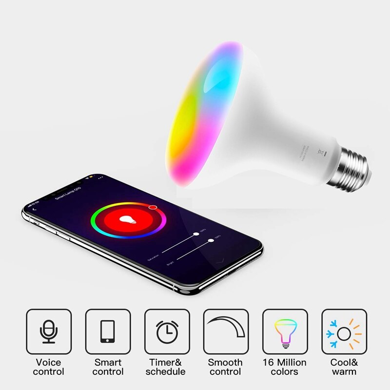 WiFi BR30 LED Flood Light Bulb, Tunable White & Color Changing Smart Flood E27