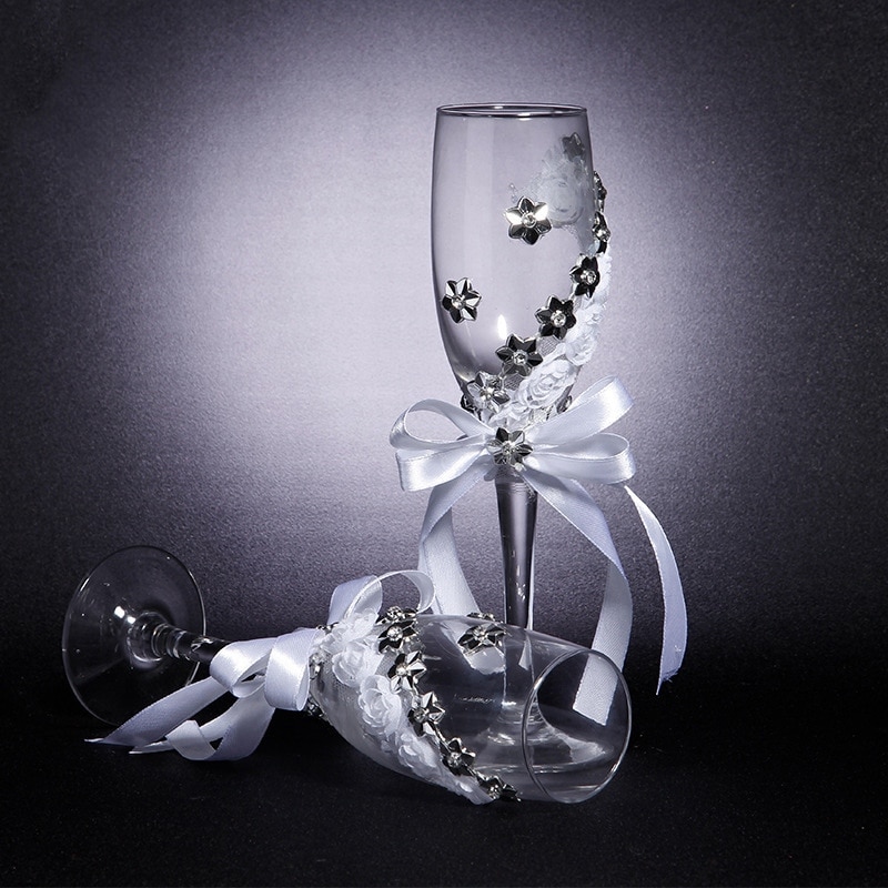 2 stk sæt bryllupsglas sølv blomster krystal bryllup champagneglas bæger rødvin glas kop bryllup dekoration