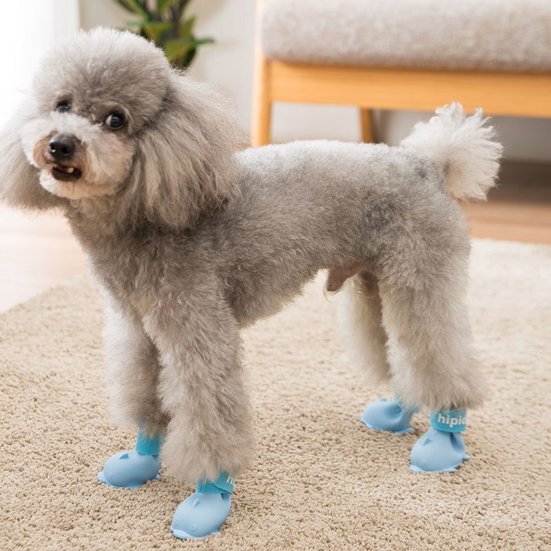 Dessin animé chiot chien chaussures poméranie Bichon Teddy chaussures lot de 4 imperméable bottes de pluie couvre-pied animal de compagnie silicone pluie chaussons