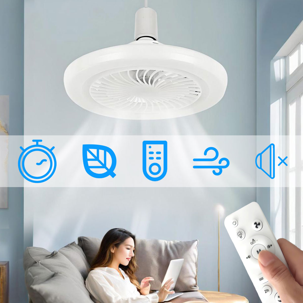 Luz LED para ventilador de techo E27 con control remoto, atenuación, velocidad del viento regulable de 3 velocidades, adecuada para sala de estar, estudio, baño
