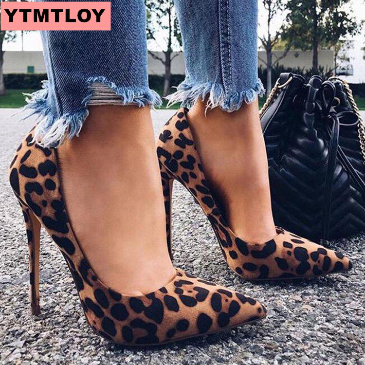Damesko spidse høje hæle ruskindskjole høje hæle bådsko bryllupssko zapatos mujer leopardprint