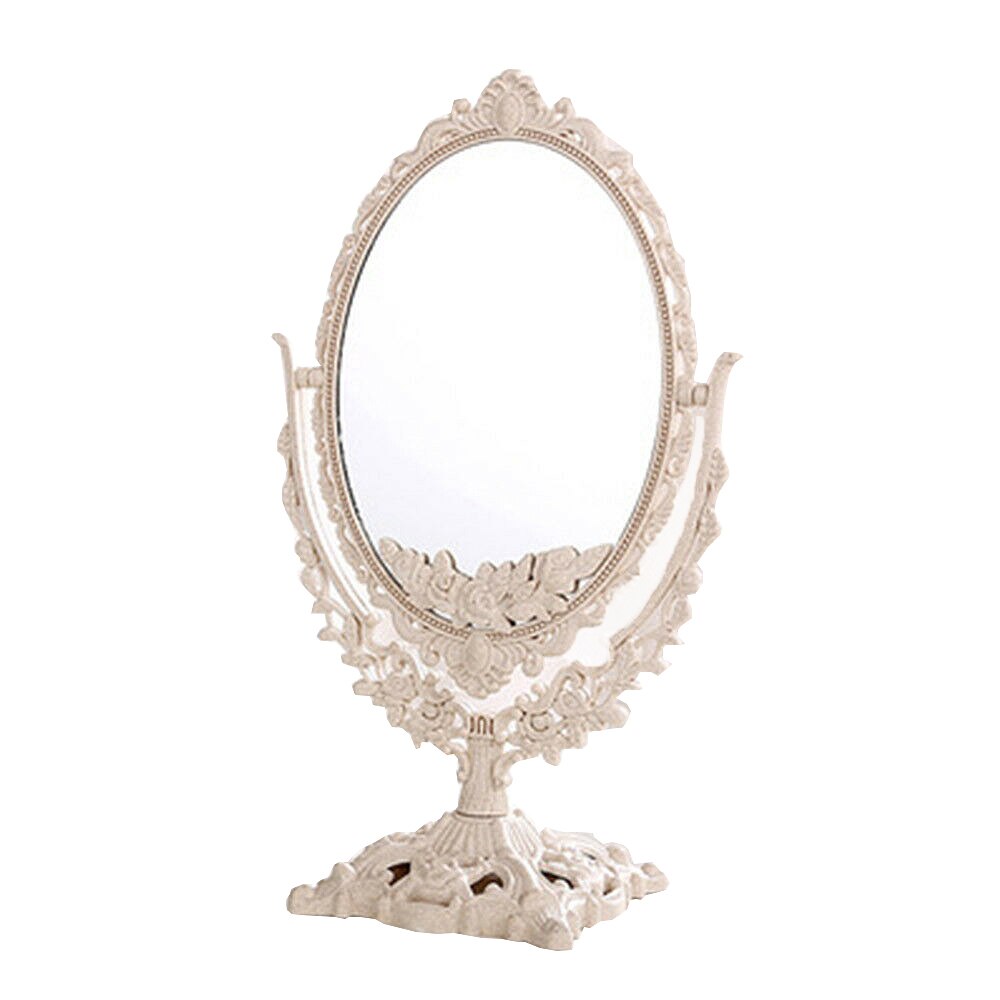 Europæisk retro makeup spejl blomstret oval rundt håndholdt spejl prinsesse makeup skønhedsværktøj til piger kvinder: Beige