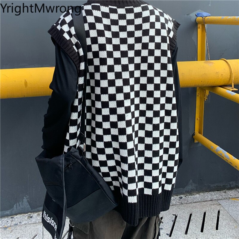 Gilet col v débardeur ample coréen femme homme Pull contraste damier Plaid gilet tricot Pull sans manches tenue automne hiver