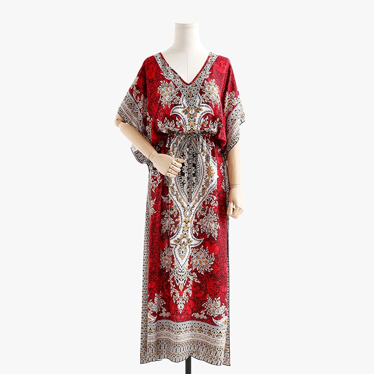 Bohemian Casual Losse Jurk Boho Vintage Etnische Stijl Lange Maxi Vrouwen Zomer Jurken India Pakistan Kleding Beach Sunny Gewaad: Red