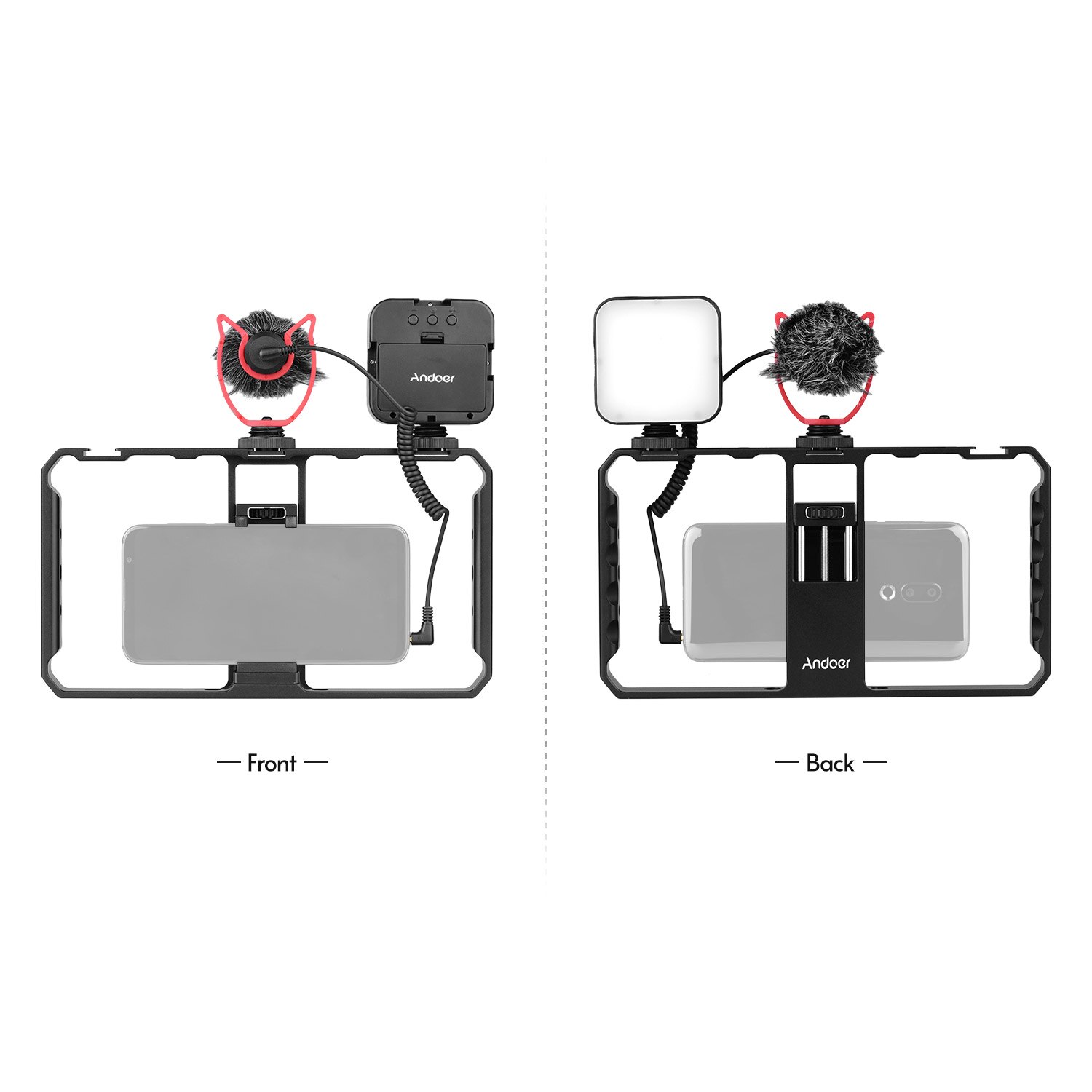 Andoer Smartphone Video Rig Grip with Rig LED Light Microphone with Shock Mount for Vlog Film-making for iPhone Samsung HUAWEI