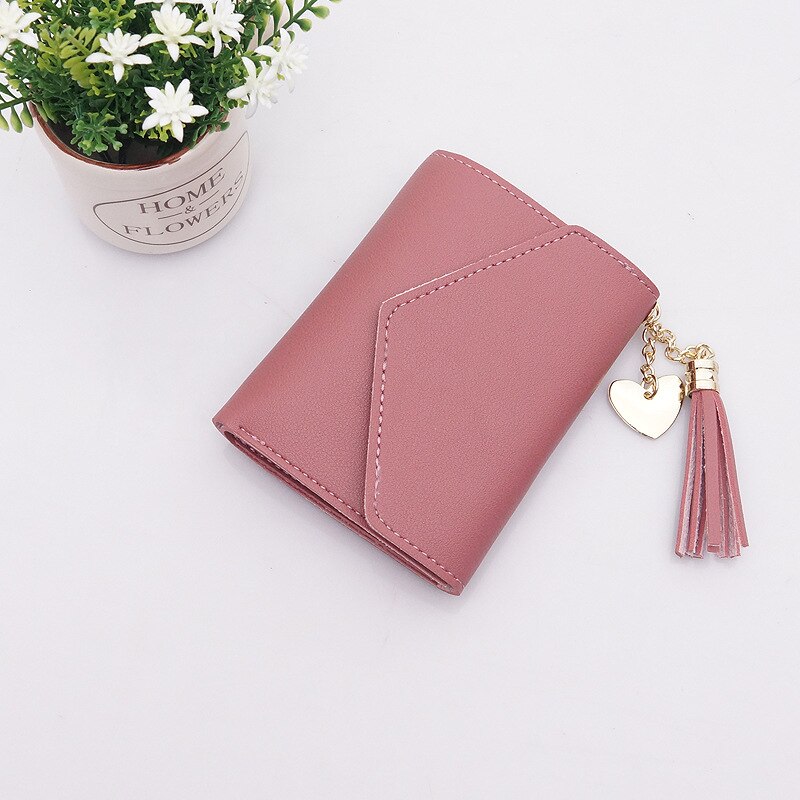 Women Tassel Love Heart Mini Wallets Black Pu Leather Coin Purse Simple All-match Student Card Holdeer Bag: Tassel Deep Powder