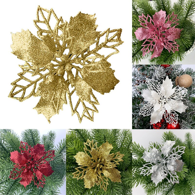 10 Pcs Christmas Poinsettia Glitter Flower Hollow Tree Hanging Decoration for Home Party DC120