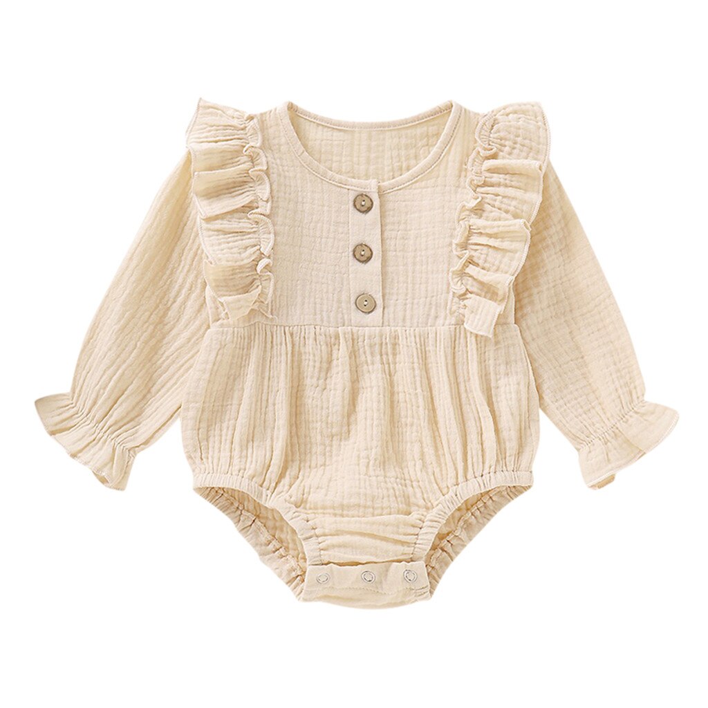 Infantil bebê bodysuit meninos & meninas macacão de manga longa sólido impressão babados macacão roupas da criança do bebê macacão outfits: Bege / 18 m