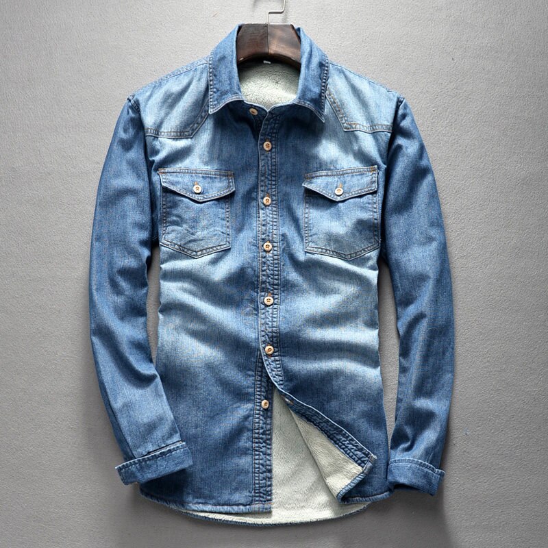 Pluszowa męska koszula dżinsowa z długimi rękawami jesienno-zimowa nowa luźna plus rozmiar dorywczo gruba bawełniana koszula kurtka jednokolorowa torba slim top: Denim Blue / M