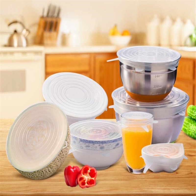 6PCS Food Saran Wrap Stretch Vacuum Silicon Cover Kitchen Storage Reusable Organization Keep Fresh Seal Lid Bowl Container Fruit