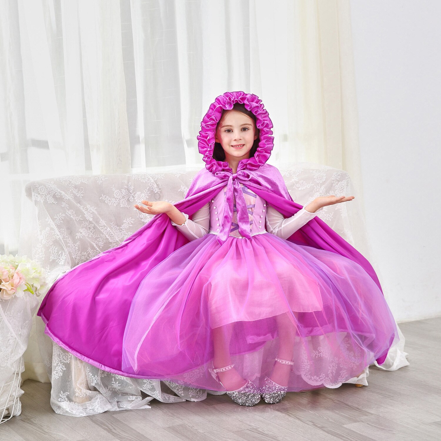 Girls Princess Long Cloak Elsa Belle Party Hooded Cloak Cinderella Aurora Ariel Sofia Rapunzel Christmas Cosplay Gown Costumes