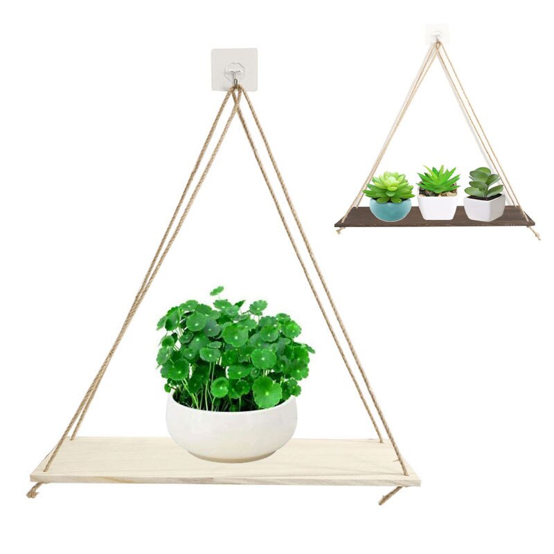 Wooden Wall Hanging Flower Pot Stand Wood Swing Hanging Rope Wall Mounted Plant Floating Shelves Home Garden Storage Rack