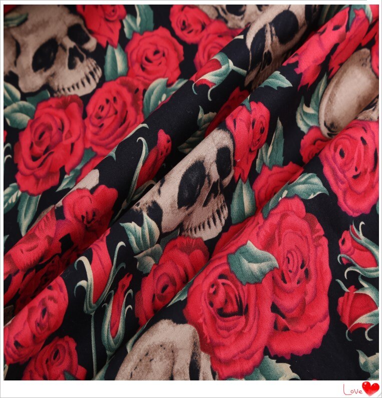Beautiful 145cm Wide Rose Skull Print Fabric Cotton Fabric Per Meter Patchwork for Sewing Quilting DIY Women Dress Material