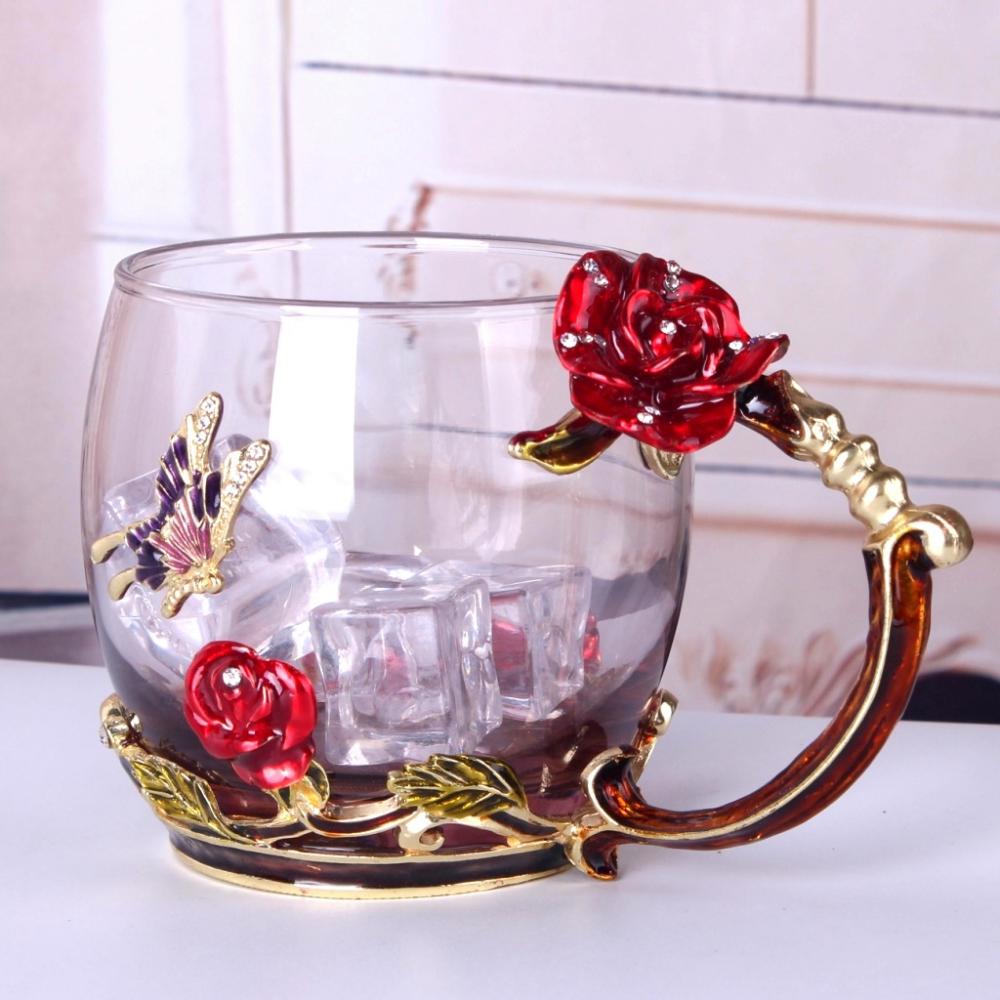Luksus europæisk kaffekop blomst gyldent håndtag metal ske glas krus te kop mælkesaft krus drinkware bryllup