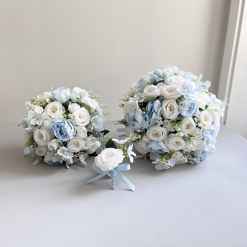 Blue Peonies White Roses Bride Bouquet Buttonhole Boutonniere Wedding Accessories Bridal Bridesmaids Marriage Artificial Flowers