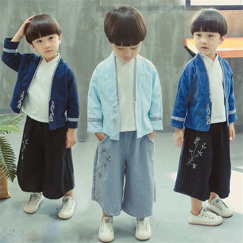 Vêtements traditionnels chinois pour garçons Hanfu enfants Tang Costume à manches longues lin 3 pièces chemise + manteau + pantalon Festival tenue Costume de danse