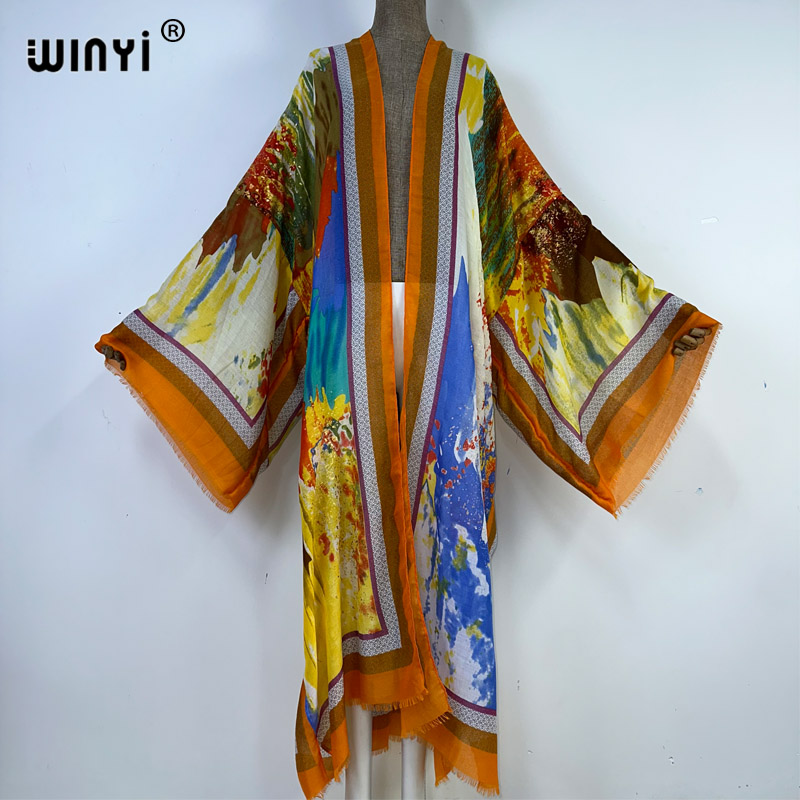 Winyi 2023 sommer-cardigan mit goldenem print aus baumwolle, locker geschnitten, langes kleid, boho-maxikleid, strandkleid, überwurf für badebekleidung: Armeegrün
