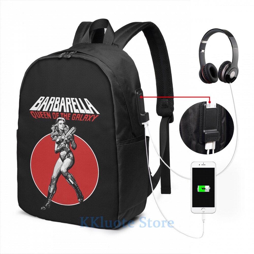 Divertido estampado gráfico de Barbarella, inspirado en el culto, mochila con carga USB para hombres, mochilas escolares para mujeres, bolsa de viaje para ordenador portátil: USB Backpack 17 in