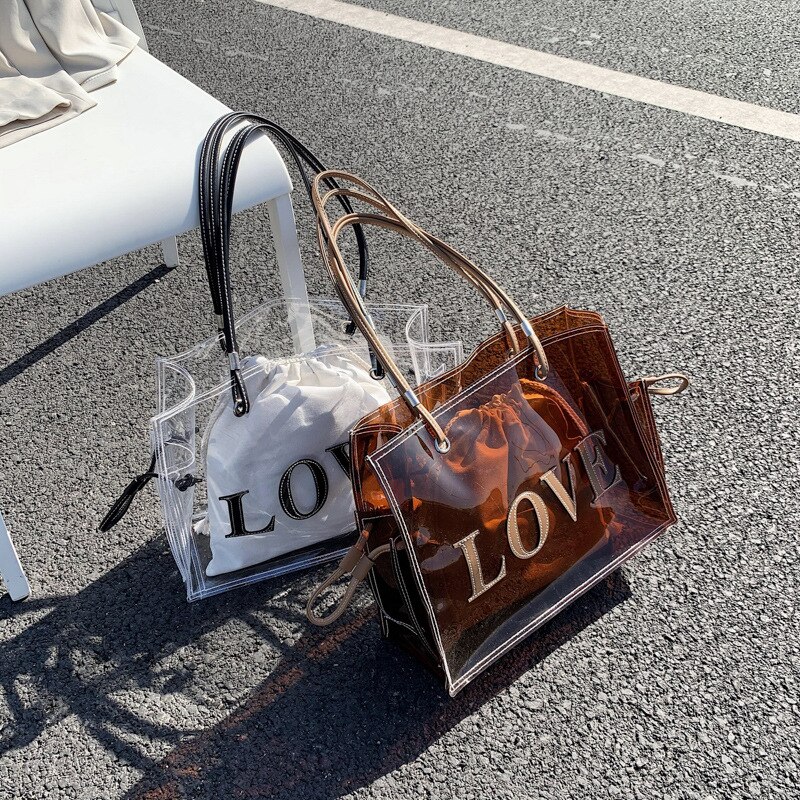 Oluolin Big Bags Vrouwelijke Bruin Transparante Vrouwen Geleizak Pvc Plastic Schouder Winkelen Lente/Zomer Strand Vrije Tijd Handtas