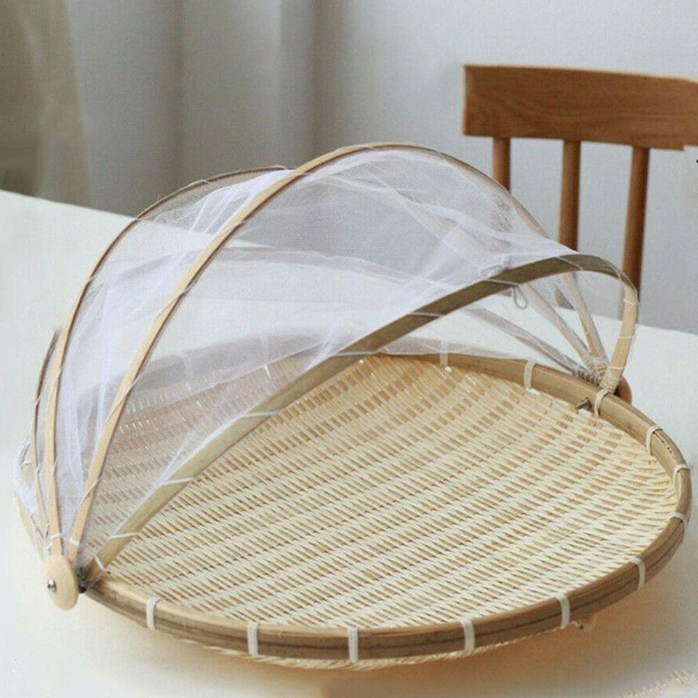 Hand-woven Bamboo Insect-Proof Dust-Proof Basket Picnic Round Dustpan Vegetable Fruit Bread Mesh Gauze Cover Basket