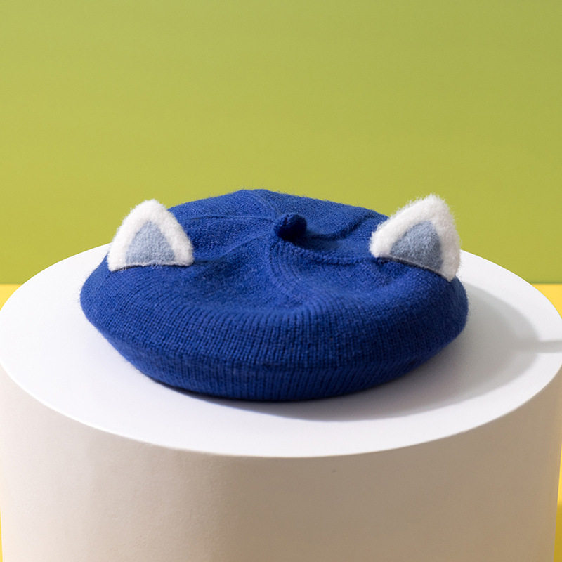 Béret de dessin animé pour enfants, chapeau tricoté avec oreilles de renard, Bonnet pour filles: Bleu