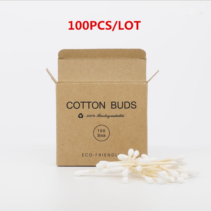 100/200 Pcs Double Head Bamboo Cotton Swabs Eco Friendly Wooden Cotton Buds Recyclable Biodegradable for Makeup Nose Ear Clean: 100pcs white