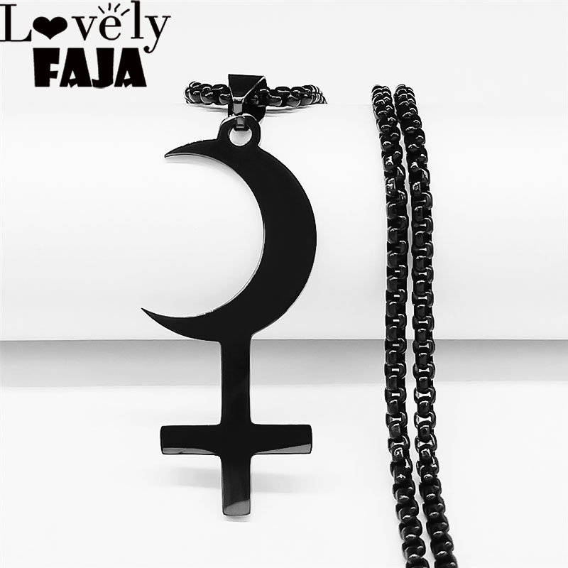 Lilith-collar con Cruz invertida de media luna, collares con signo de símbolo astrológico de acero inoxidable, joyería de Satán, cruz invertida N3776