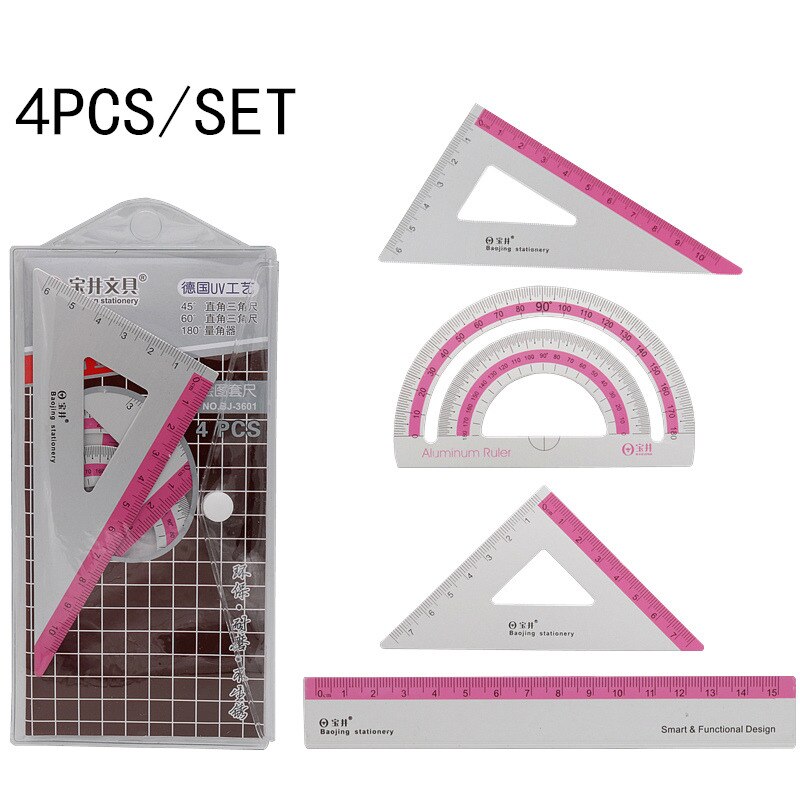Aluminum alloy ruler Fillet safety Right Angle Triangle Ruler and 15cm ruler Protractor Student geometry tools: 1 Set Pink