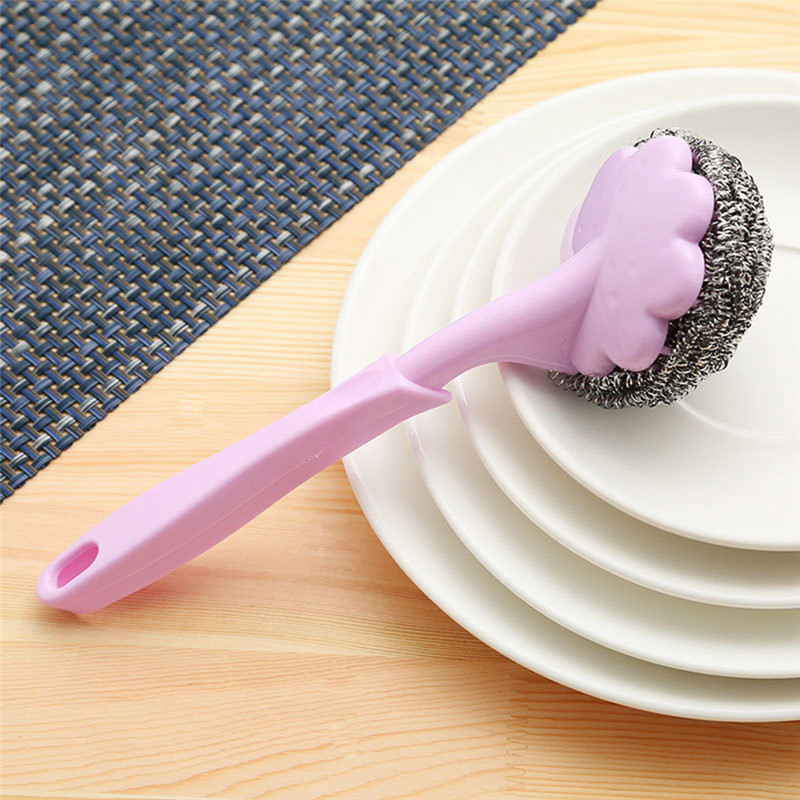 Poignée de brosse à manche Long | Nettoyage de cuisine à manche Long, brosse à manche de casserole, boule de fil en acier inoxydable, outils de cuisine, accessoires