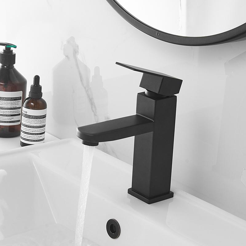 Grifo cuadrado negro para lavabo de baño, grifería de un solo mando para lavabo, montado en cubierta