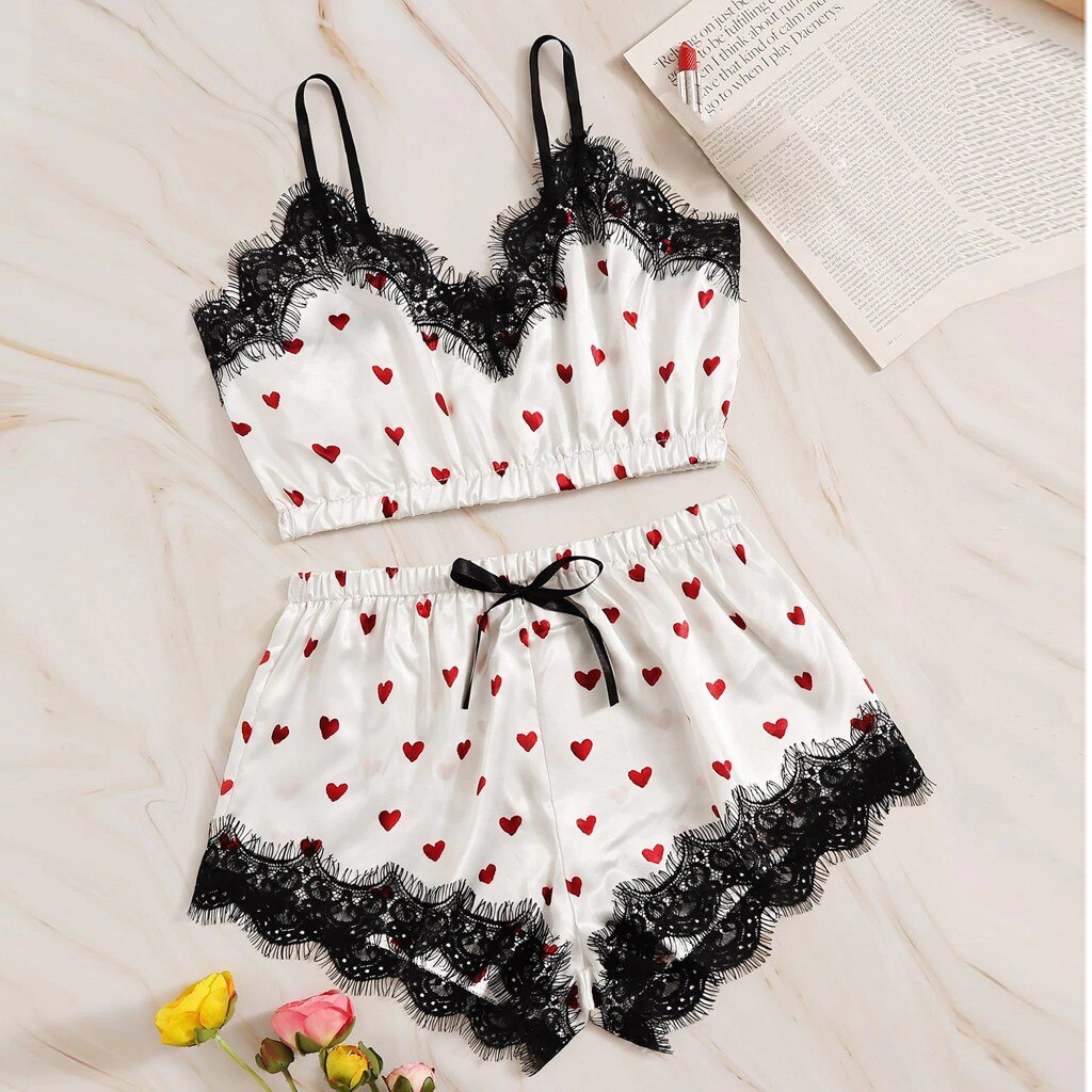 Women's pajamas V-neck printing love pattern lace satin camisole pajamas bow shorts underwear set пижама женская 40*