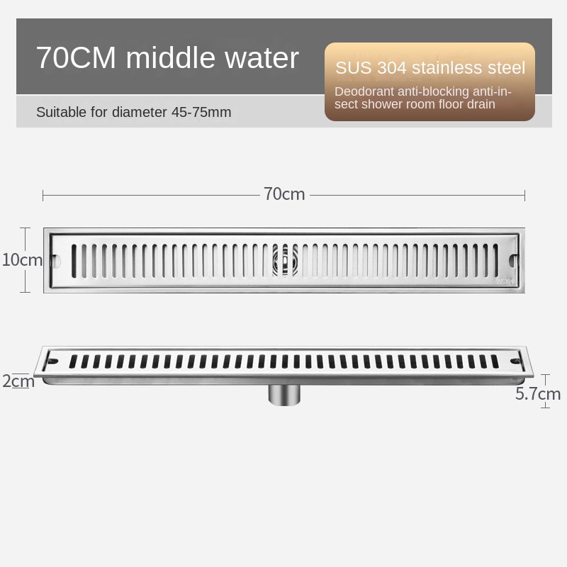 Strip Extended Floor Drain Stainless Steel Large Displacement Anti-Odor Barrier Hair Floor Drain Hotel Family Bathroom Balcony