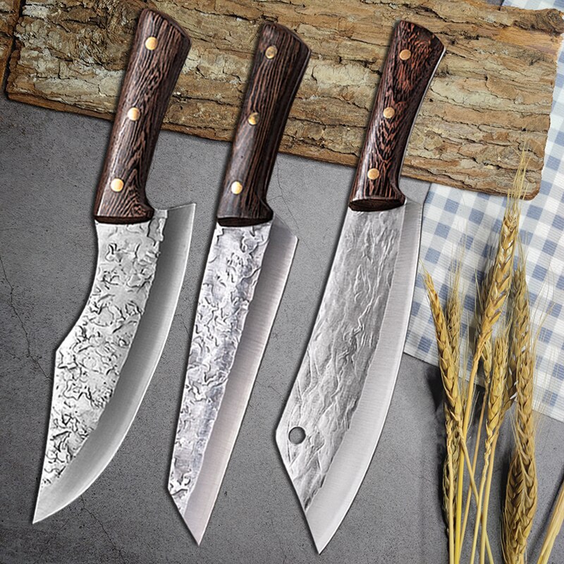 3/4PCS Set Forging Kitchen Boning Knife Full Tang Handle Handmade Steel Boning Knives Chef Slicing Cutter Santoku Cleaver: Option 4