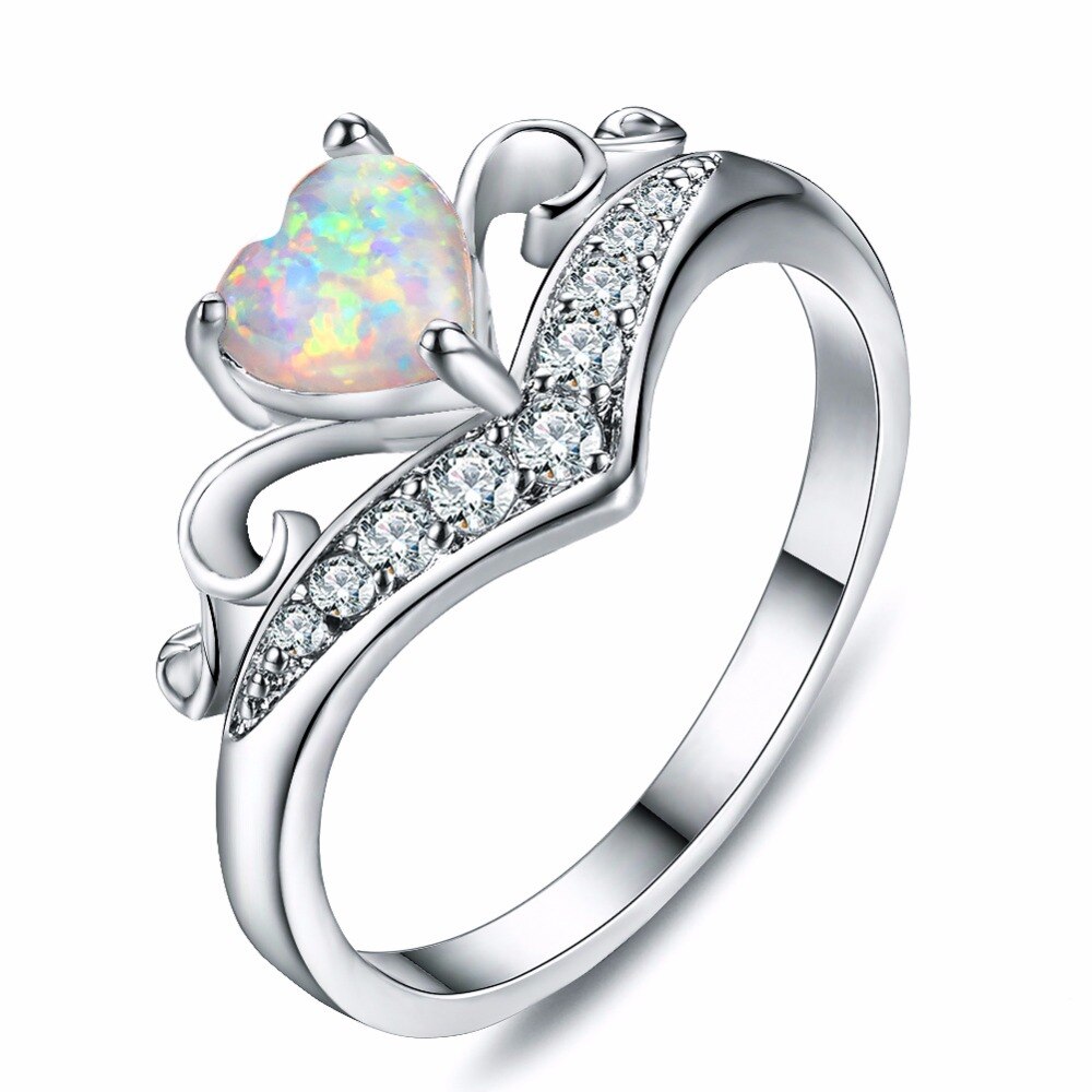 Luxury Women Sterling Silver 925 Crystal Wedding Rings White/Blue Fire Opal Heart Rings anillos
